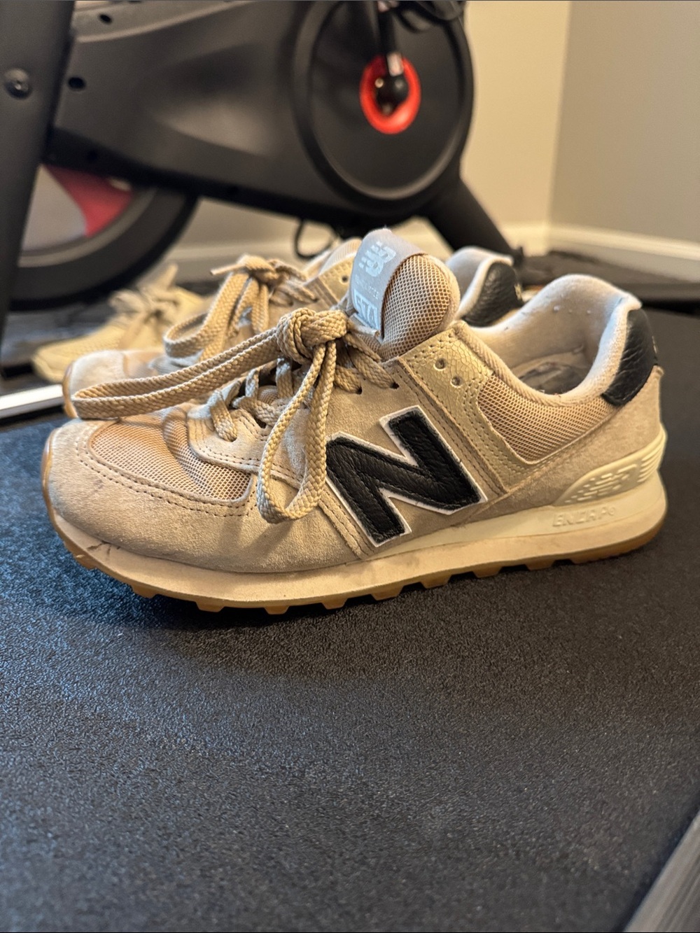 New Balance 574’s womens Beige Suede Sneakers with Black 'N' Logo